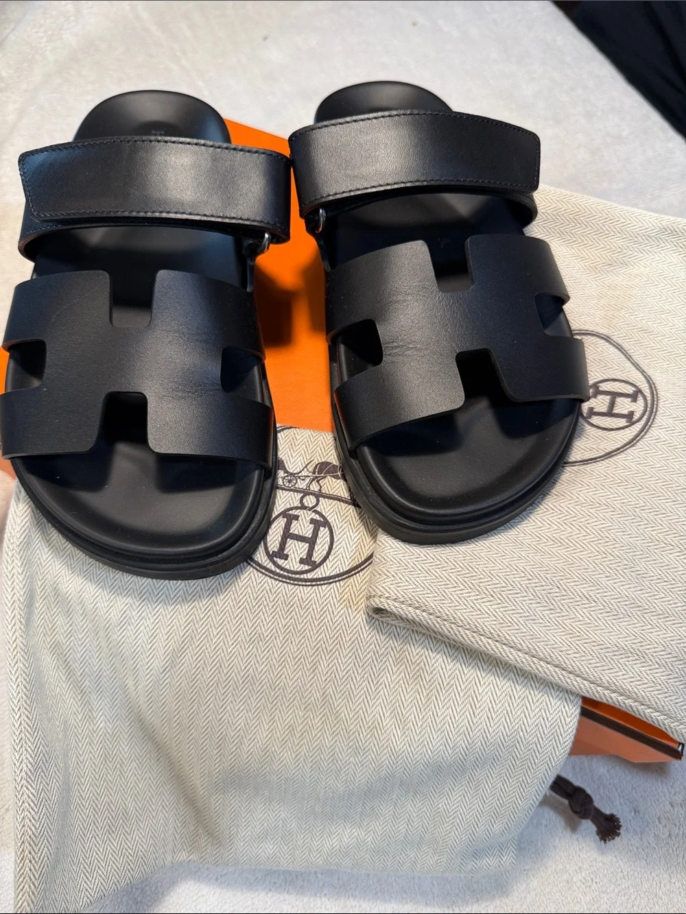 Hermes Black Leather H Slide Double-Strap Sandals